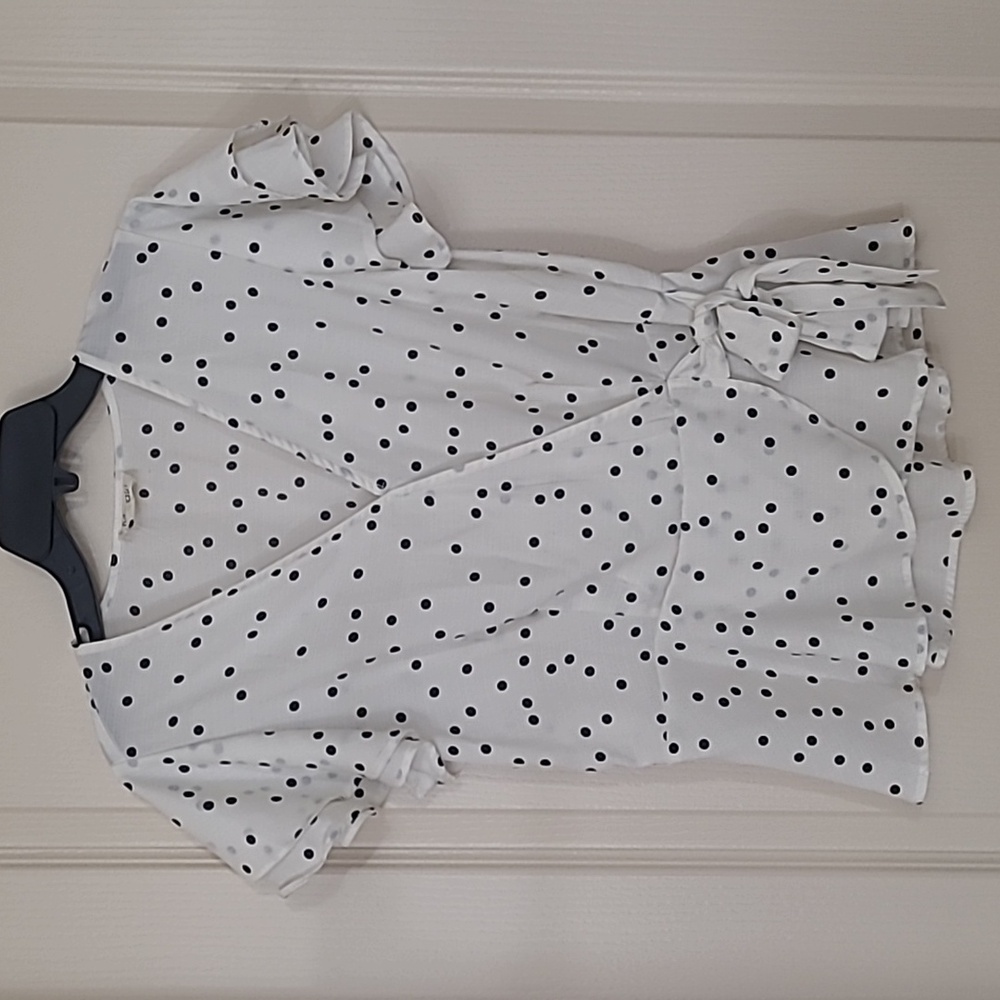MERAKI Women's Polka Dot Blouse Wrap Style in White amd Black Size L